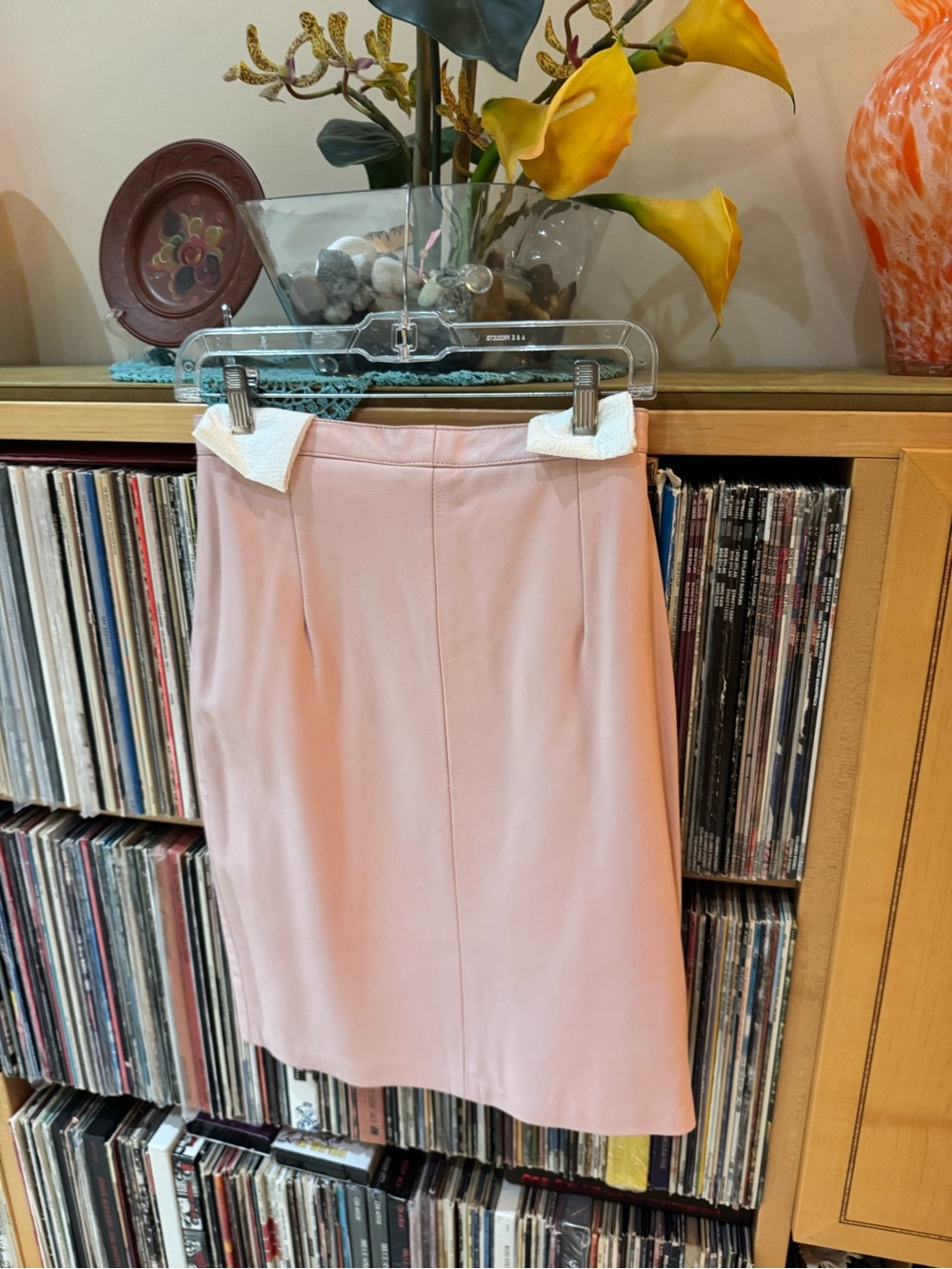 PRICE DROP: CUSTOM MADE (7/8 but runs small) lined, pale pink LEATHER skirt.